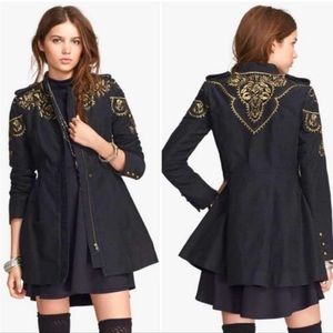 Free People coat Embellished embroidered Sergeant Jacket coat lined 6 charcoal